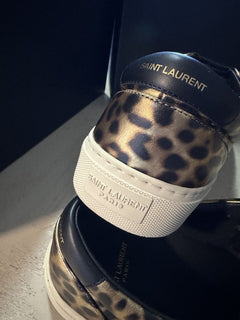 NIB Saint Laurent Men Leather Leopard Pr. Sneakers  Black/Gold 8 US/41 E 689072