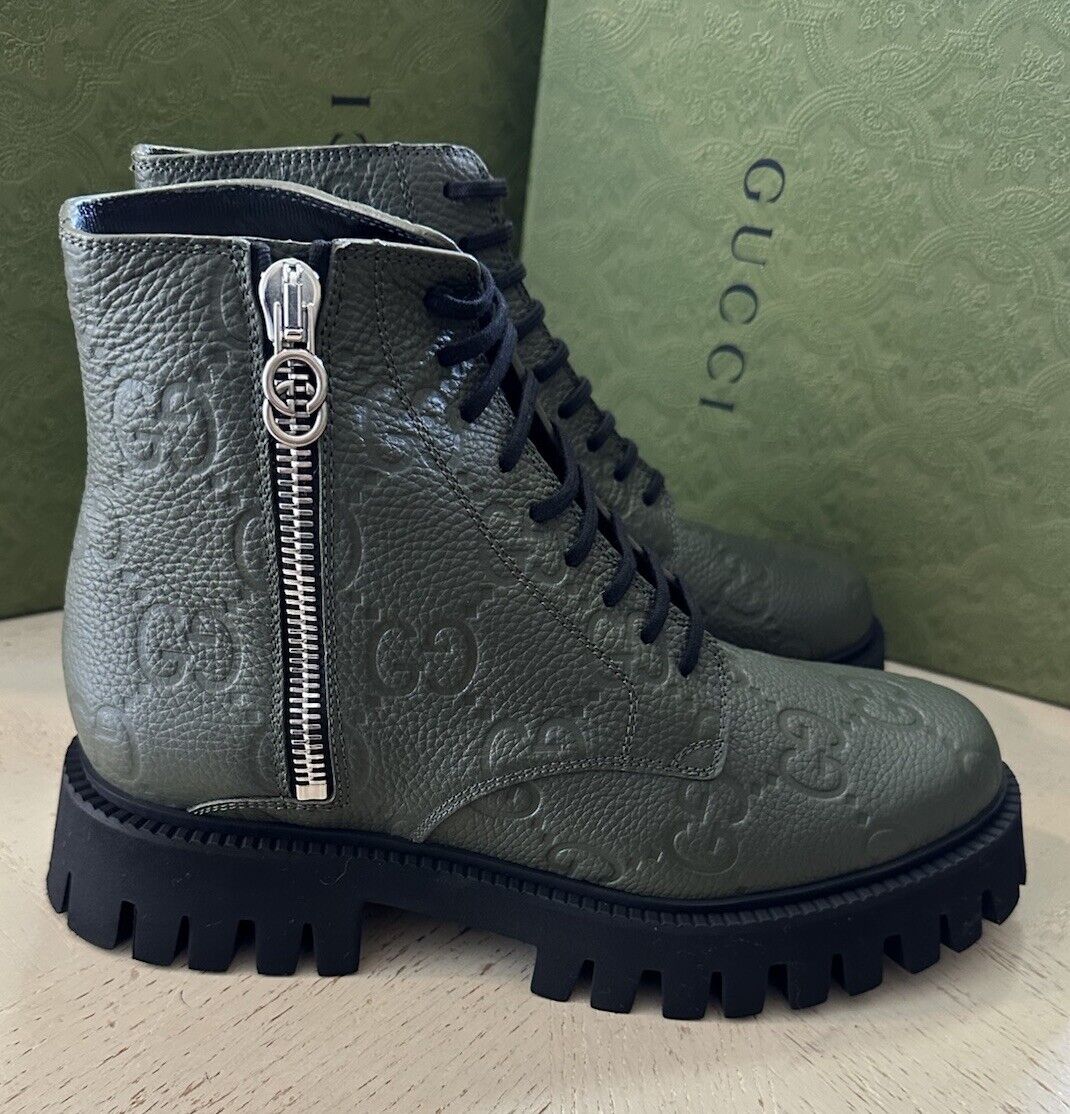 NIB Gucci Men GG Logo Leather Boots Shoes DK Vintage Olive 10 US/9 UK 699584