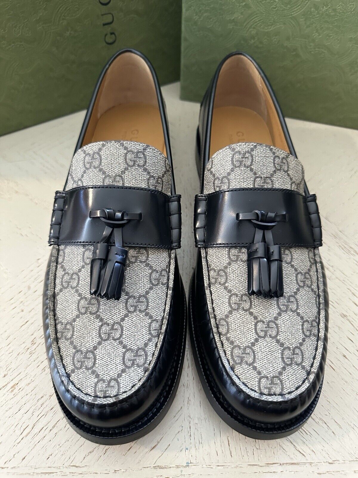 Gucci Mens GG Logo Leather Loafers Shoes Black/Beige 12.5 US/11.5 UK New 673817