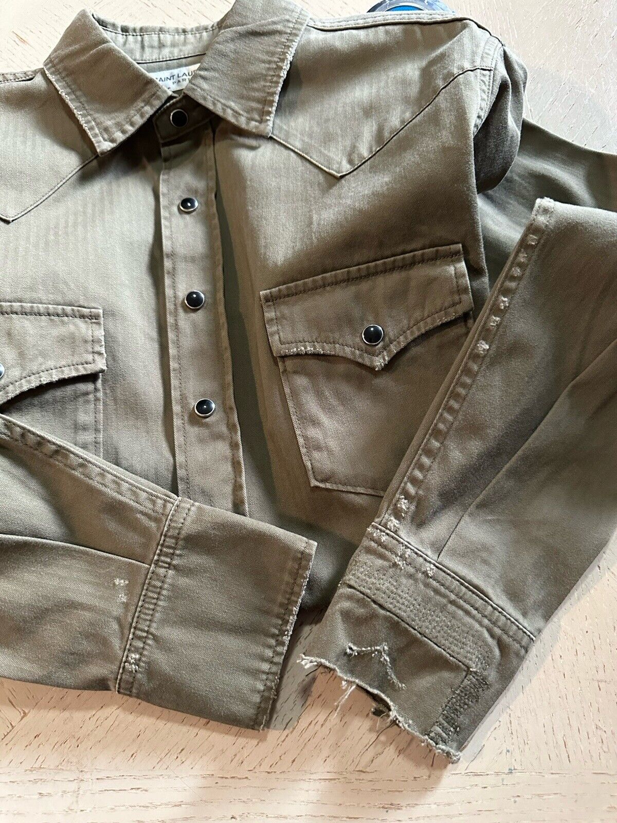 $920 Saint Laurent distressed western shirt in khaki stonewashed denim Size M