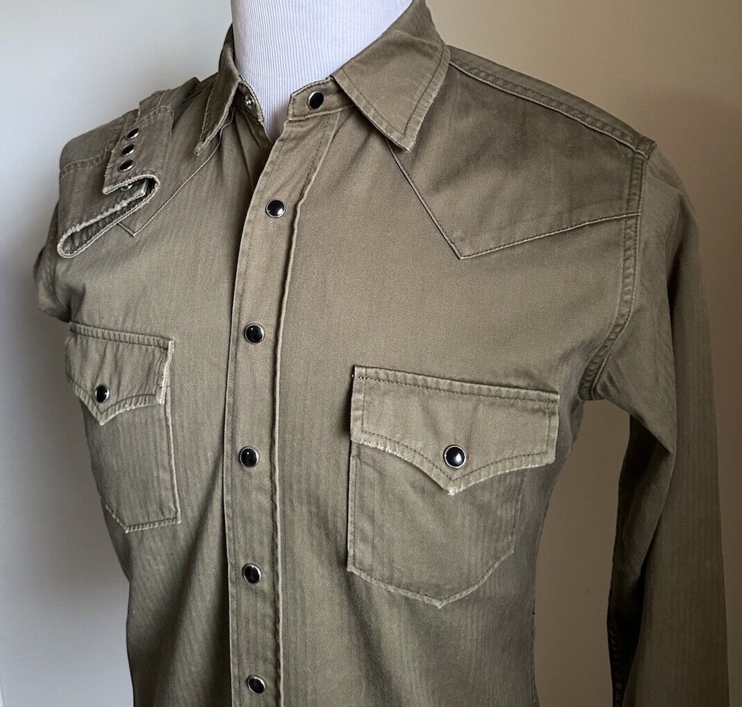 $920 Saint Laurent distressed western shirt in khaki stonewashed denim Size M