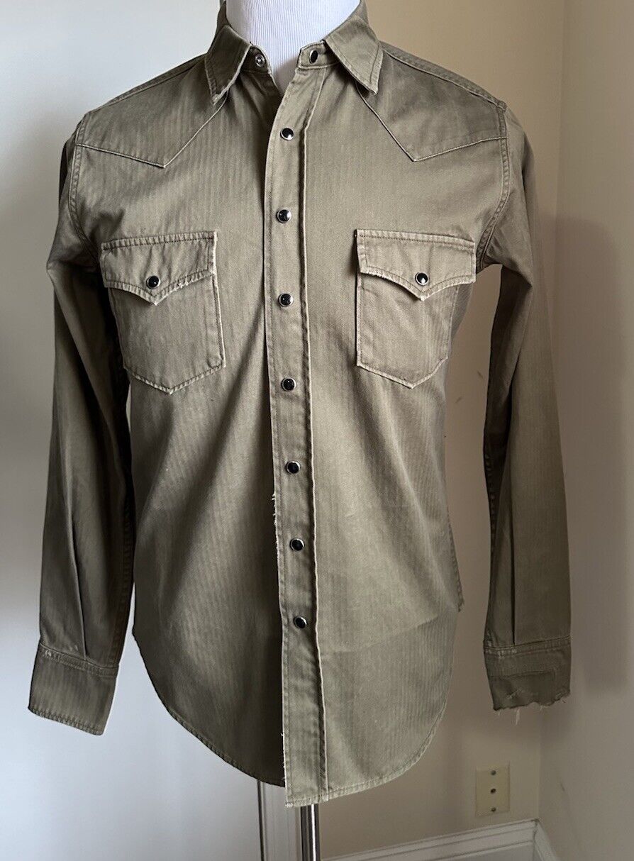 $920 Saint Laurent distressed western shirt in khaki stonewashed denim Size M