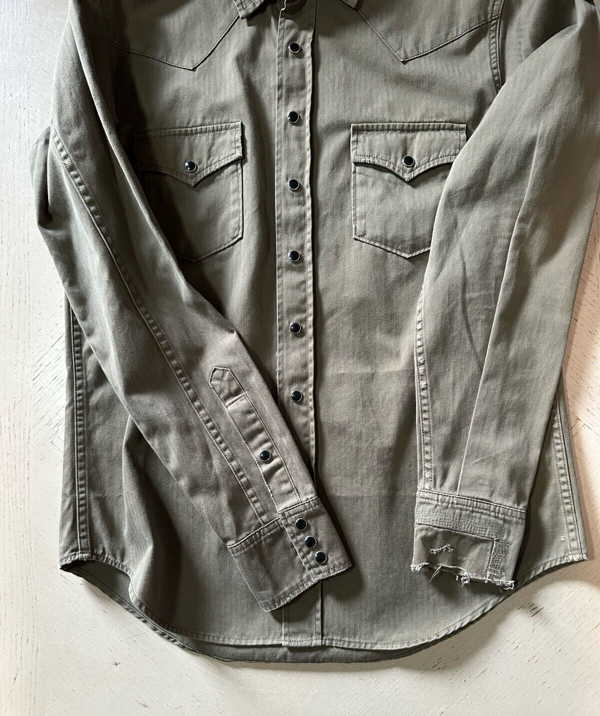 $920 Saint Laurent distressed western shirt in khaki stonewashed denim Size M