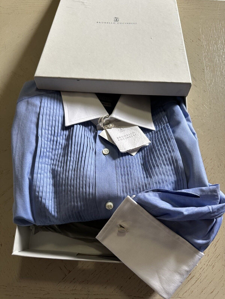 Brunello Cucinelli Men Slim Fit Pintuck Shirt Sky Blue M New $945