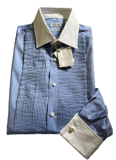 Brunello Cucinelli Men Slim Fit Pintuck Shirt Sky Blue M New $945