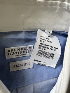 Brunello Cucinelli Men Slim Fit Pintuck Shirt Sky Blue M New $945