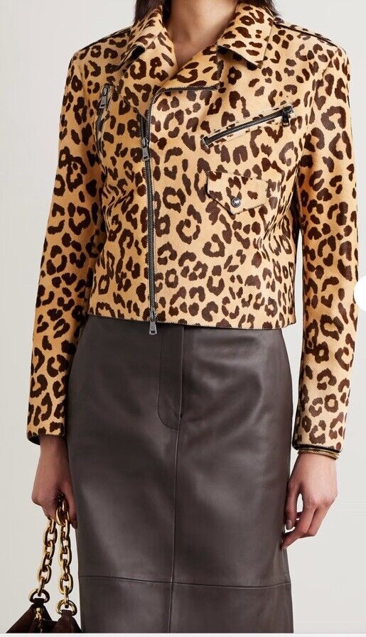 New $6790 Ralph Lauren Purple Label Women Leopard Print Fur Biker Jacket 4/40