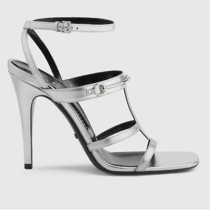 Gucci Women’s Leather Dress Sandal Shoes Silver 8.5 US/38.5 Eu New 771563