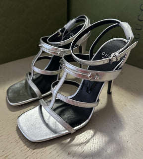 Gucci Women’s Leather Dress Sandal Shoes Silver 8.5 US/38.5 Eu New 771563
