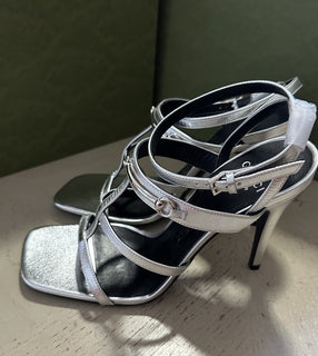 Gucci Women’s Leather Dress Sandal Shoes Silver 8.5 US/38.5 Eu New 771563