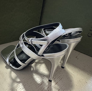 Gucci Women’s Leather Dress Sandal Shoes Silver 8.5 US/38.5 Eu New 771563