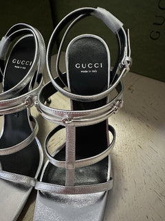 Gucci Women’s Leather Dress Sandal Shoes Silver 8.5 US/38.5 Eu New 771563