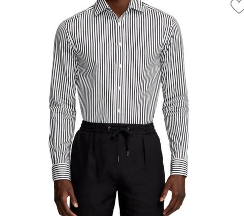 Ralph Lauren Purple Label Men Striped Cotton Long-Sleeve Shirt Black/White New