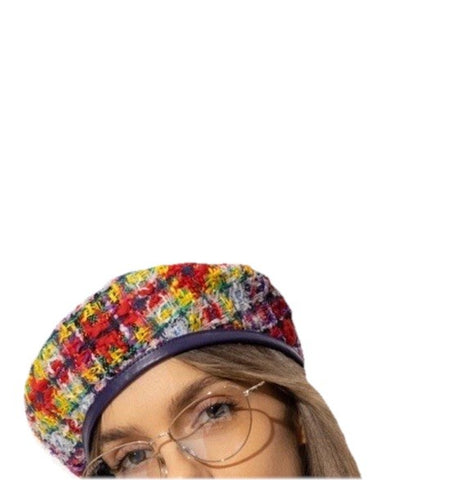 New $850 Gucci Women Checked Tweed Beret Hat Size Yellow/Red/Multi Size M 729140