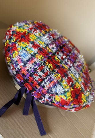 New $850 Gucci Women Checked Tweed Beret Hat Size Yellow/Red/Multi Size M 729140