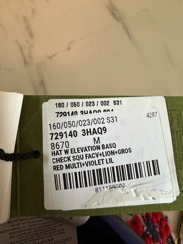 New $850 Gucci Women Checked Tweed Beret Hat Size Yellow/Red/Multi Size M 729140