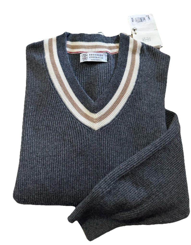 New $3995 Brunello Cucinelli Men V-Neck Cashmere Sweater DK Gray 50 Eu ( L )