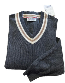New $3995 Brunello Cucinelli Men V-Neck Cashmere Sweater DK Gray 50 Eu ( L )