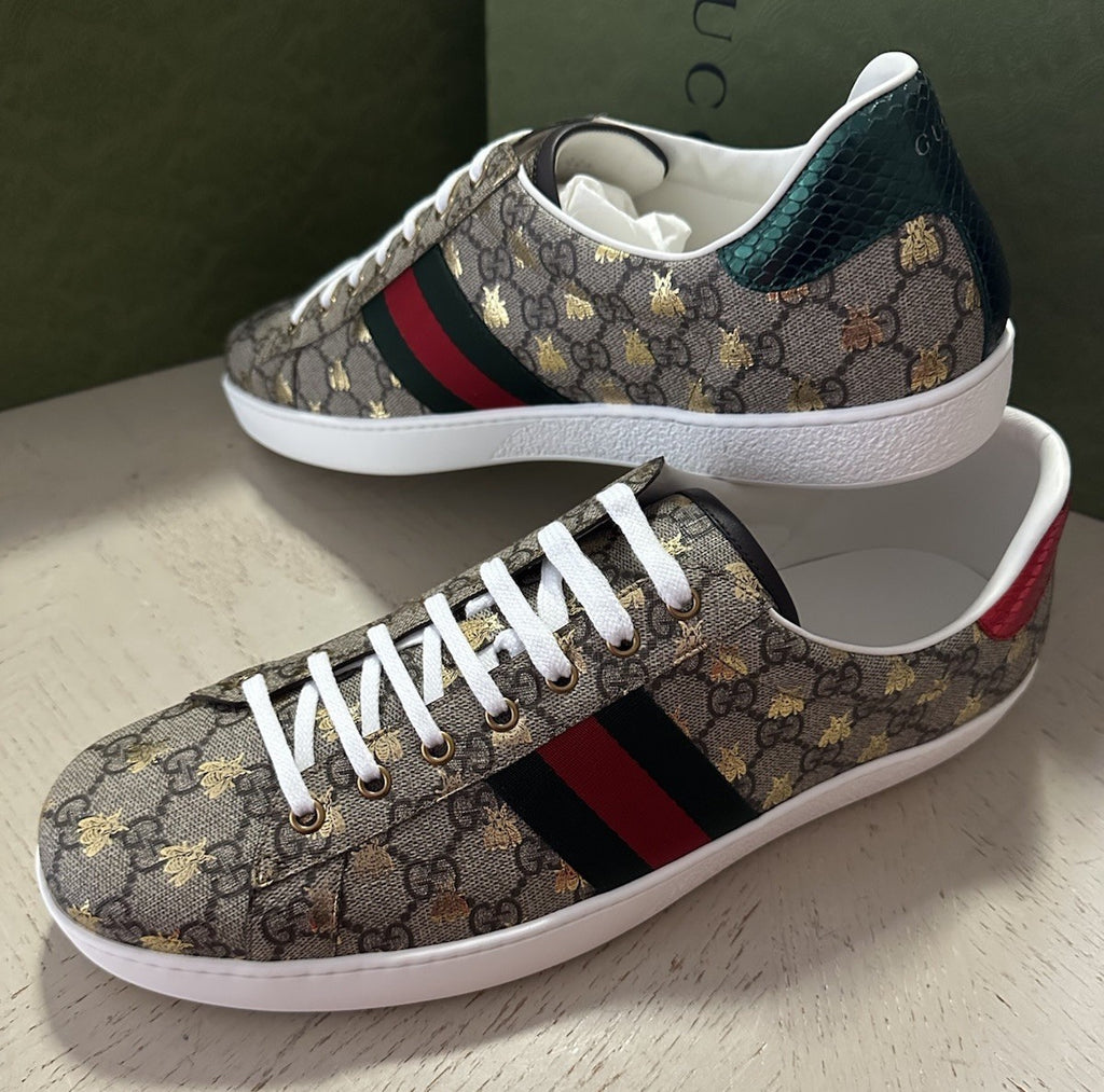 New Gucci Men GG Logo Bee Logo Canvas Leather Sneakers Beige 13.5 US/13 UK