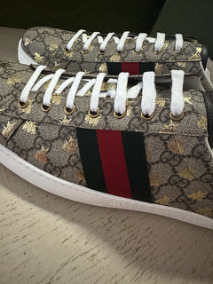 New Gucci Men GG Logo Bee Logo Canvas Leather Sneakers Beige 13.5 US/13 UK