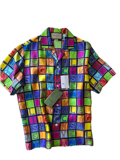 New $1400 Gucci Men’s Short Sleeve Silk Shirt Black/Red/yellow/MC Size 44/S
