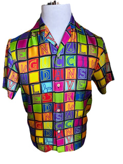 New $1400 Gucci Men’s Short Sleeve Silk Shirt Black/Red/yellow/MC Size 44/S