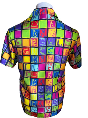 New $1400 Gucci Men’s Short Sleeve Silk Shirt Black/Red/yellow/MC Size 44/S