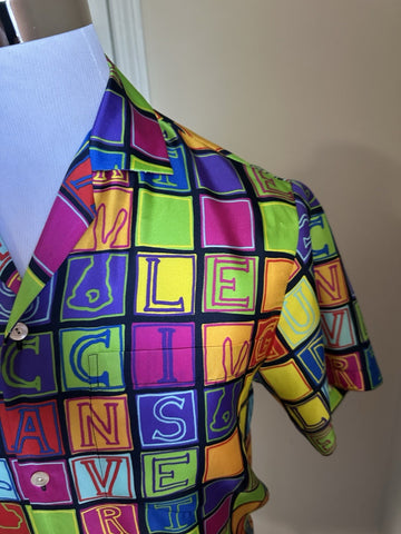 New $1400 Gucci Men’s Short Sleeve Silk Shirt Black/Red/yellow/MC Size 44/S