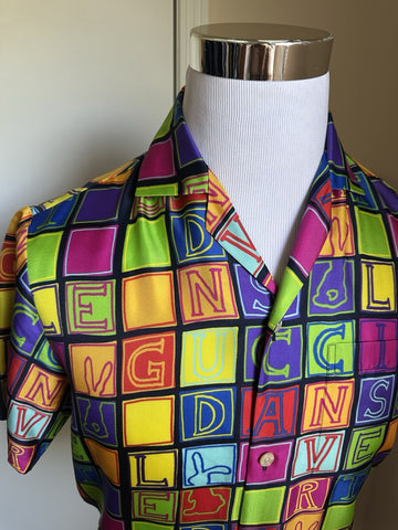 New $1400 Gucci Men’s Short Sleeve Silk Shirt Black/Red/yellow/MC Size 44/S