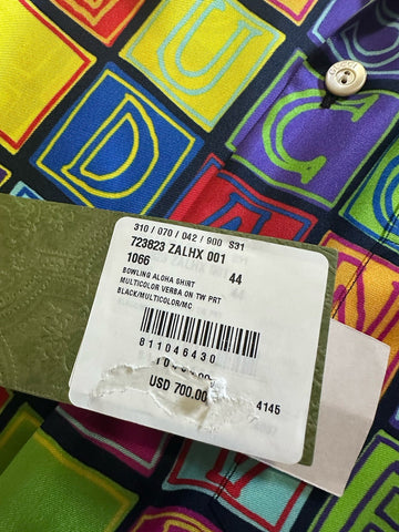 New $1400 Gucci Men’s Short Sleeve Silk Shirt Black/Red/yellow/MC Size 44/S