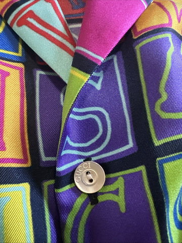 New $1400 Gucci Men’s Short Sleeve Silk Shirt Black/Red/yellow/MC Size 44/S