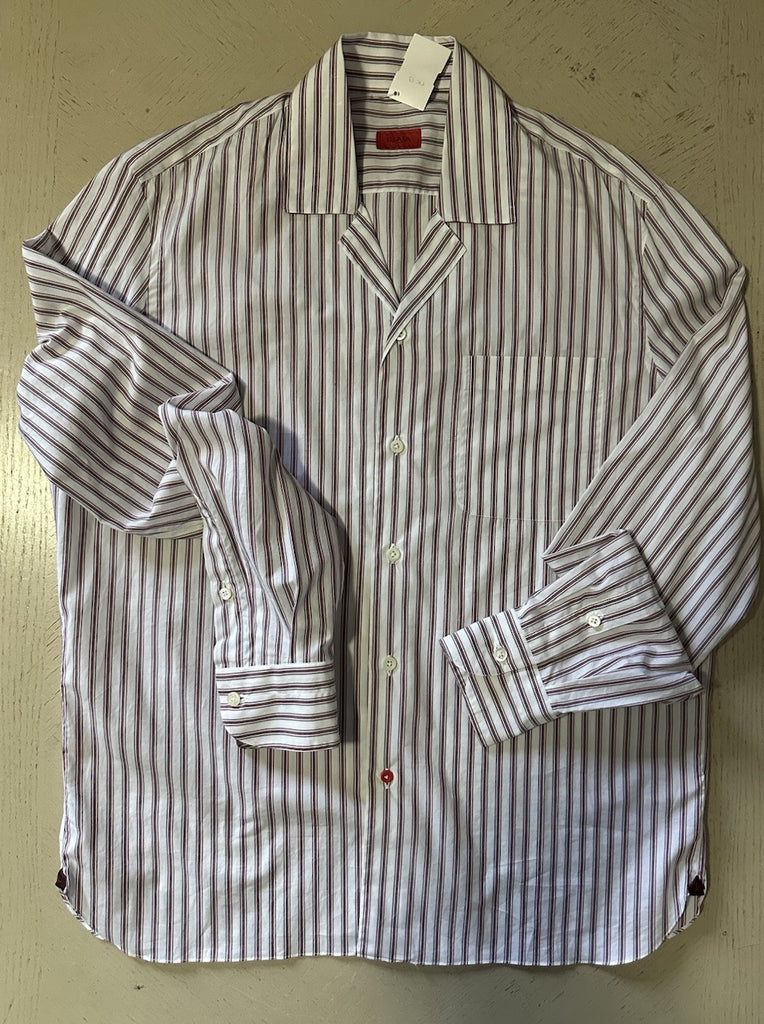New $525 Isaia Men’s Shirt White Red Striped Size M