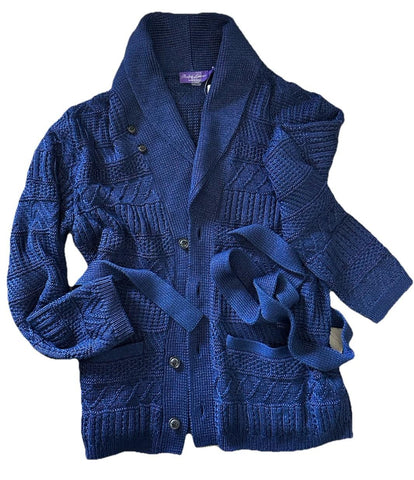 NWT $2495 Ralph Lauren Purple Label Shawl Collar Self-Tie Sweater Navy XL İtalya