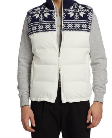 New $3350 Brunello Cucinelli Fair Isle Puffer Vest Gilet Navy/White Size S