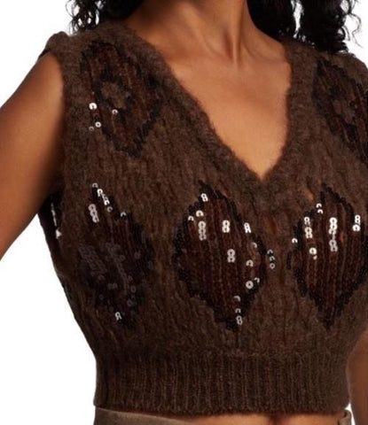 New $1950 Brunello Cucinelli Knit Embellished Cropped Sweater Vest DK Brow L