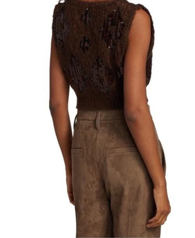 New $1950 Brunello Cucinelli Knit Embellished Cropped Sweater Vest DK Brow L