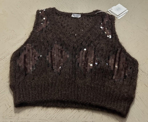 New $1950 Brunello Cucinelli Knit Embellished Cropped Sweater Vest DK Brow L