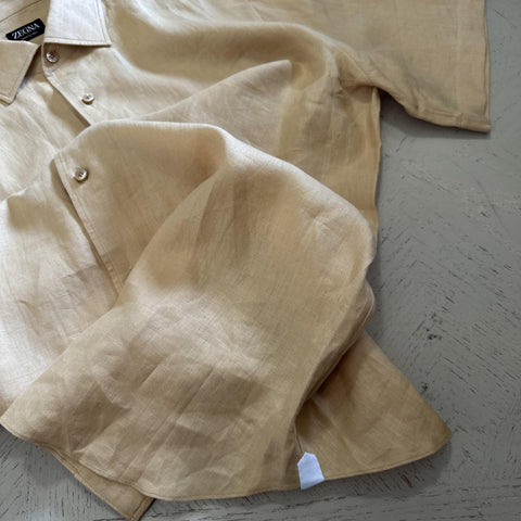 ZEGNA Men Linen Short Sleeve Shirt LT Beige Size  XXL New $780 Italy
