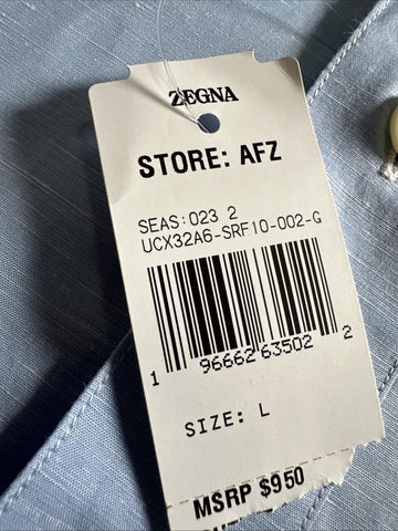 New $950 ZEGNA Men Linen Blend Button Down Shirt Blue Size L Italy