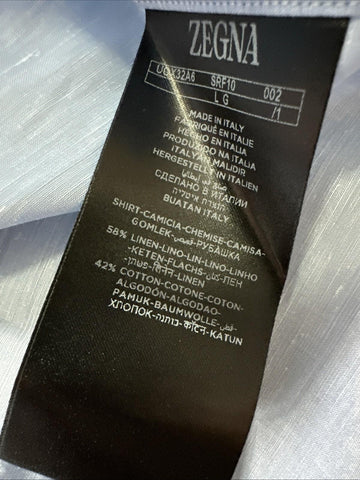 New $950 ZEGNA Men Linen Blend Button Down Shirt Blue Size L Italy