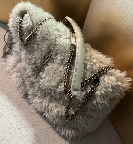 New $3800 Saint Laurent YSL SHEARLING AND LAMBSKIN Medium Shoulder Bag Beige