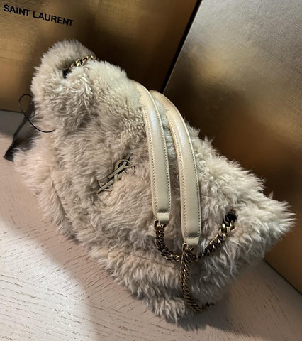 New $3800 Saint Laurent YSL SHEARLING AND LAMBSKIN Medium Shoulder Bag Beige