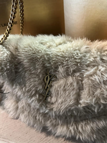 New $3800 Saint Laurent YSL SHEARLING AND LAMBSKIN Medium Shoulder Bag Beige