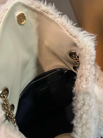 New $3800 Saint Laurent YSL SHEARLING AND LAMBSKIN Medium Shoulder Bag Beige