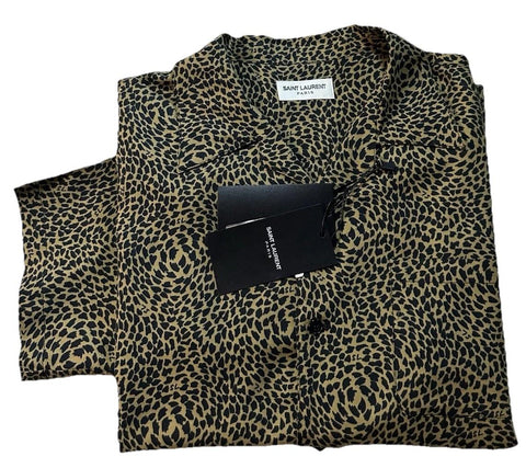 NWT $890 Saint Laurent Men Hawaii SL Print black leopard pattern Shirt Size M