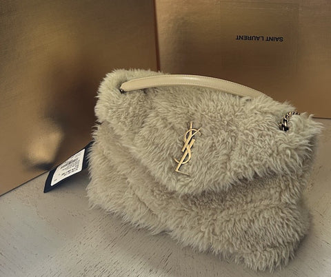 New $3800 Saint Laurent YSL SHEARLING AND LAMBSKIN Medium Shoulder Bag Beige