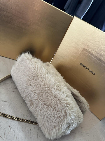 New $3800 Saint Laurent YSL SHEARLING AND LAMBSKIN Medium Shoulder Bag Beige