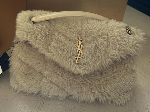New $3800 Saint Laurent YSL SHEARLING AND LAMBSKIN Medium Shoulder Bag Beige