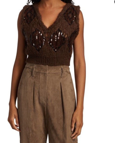 New $1950 Brunello Cucinelli Knit Embellished Cropped Sweater Vest DK Brown L