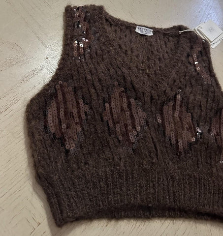 New $1950 Brunello Cucinelli Knit Embellished Cropped Sweater Vest DK Brown L